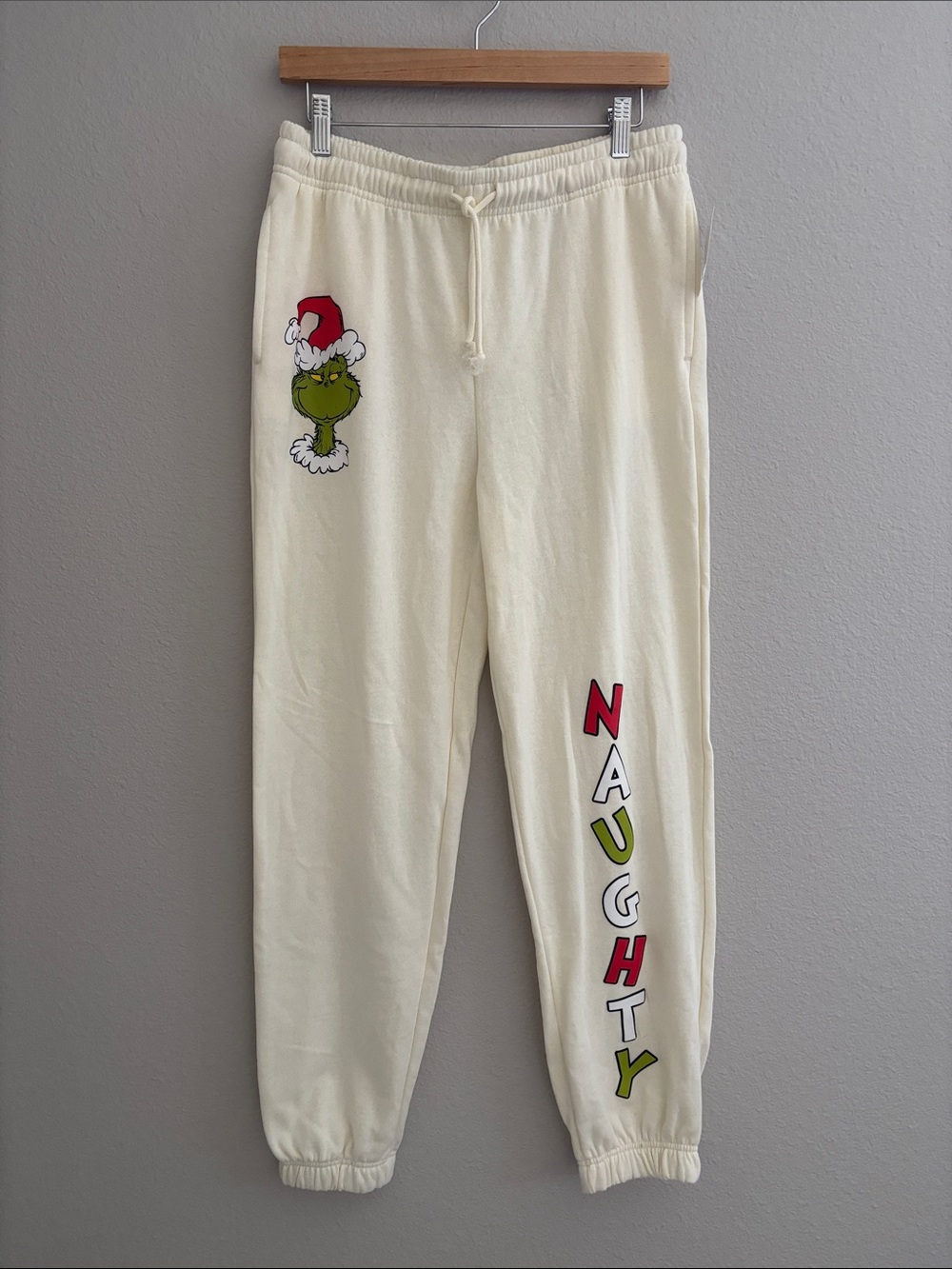 NWT Cream Grinch 'Naughty' Graphic Joggers Sweatpants Dr Seuss Holiday Size L